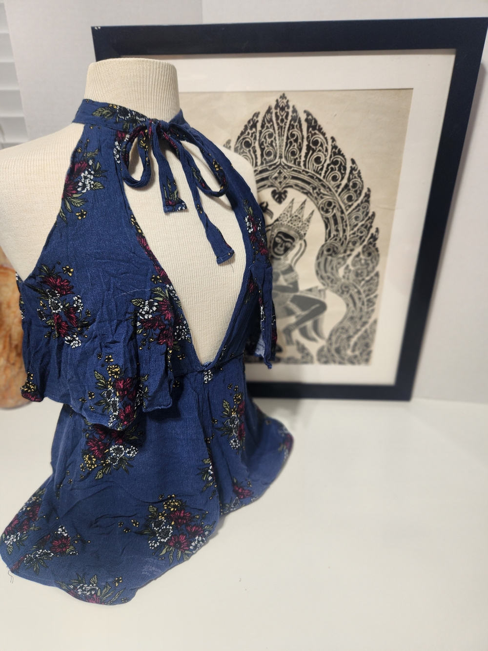 Navy Floral Romper Ruffle Tie-Back